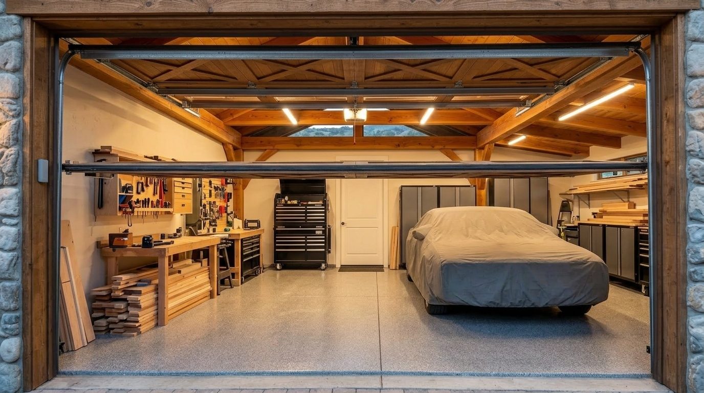 Wright Local Garage Door Service Interior View of Custom Garage Door Overhead and Workshop